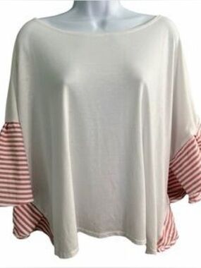 Women’s Cream Boatneck Top with Pink Stripe Accent sleeves.